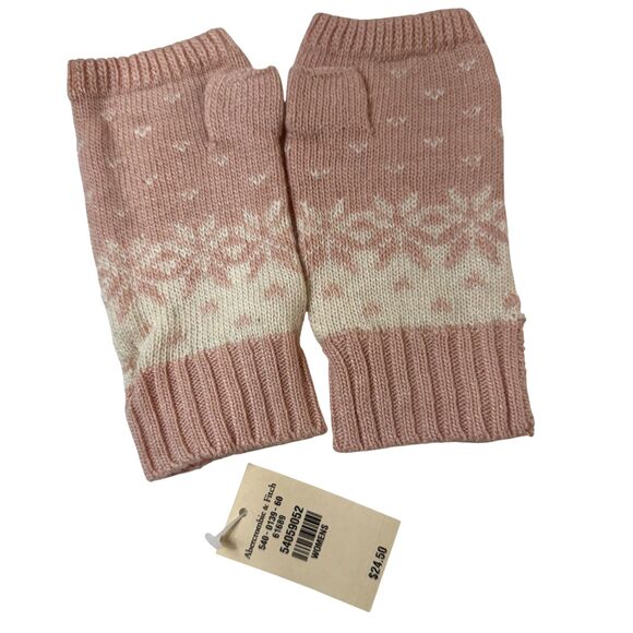 NWT Abercrombie Pink White Knit Fingerless Gloves Mittens Fair Isle Vintage Y2k - Picture 2 of 9